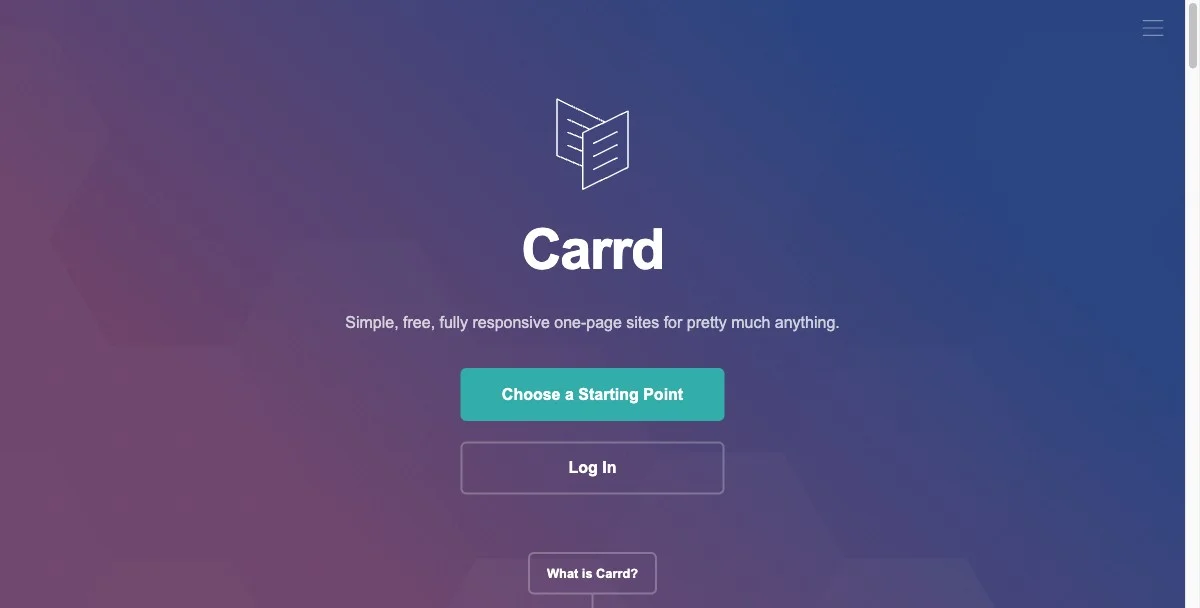 Carrd&rsquo;s homepage showing a minimal one-page site builder for solopreneurs and creators