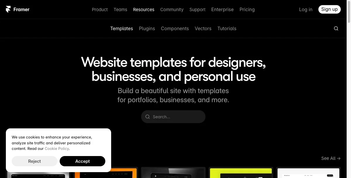 Framer&rsquo;s template marketplace showing landing page and app launch templates for creators and product builders