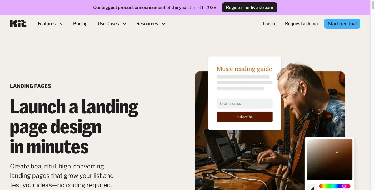 Kit&rsquo;s landing page builder feature page showing creator-focused templates and integrated email automation tools